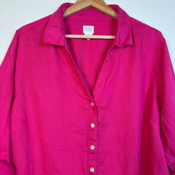 Sigrid Olsen Button Down Linen Shirt Sz 1X Hot Pink Breathable Relaxed Roll tab - Picture 3 of 10